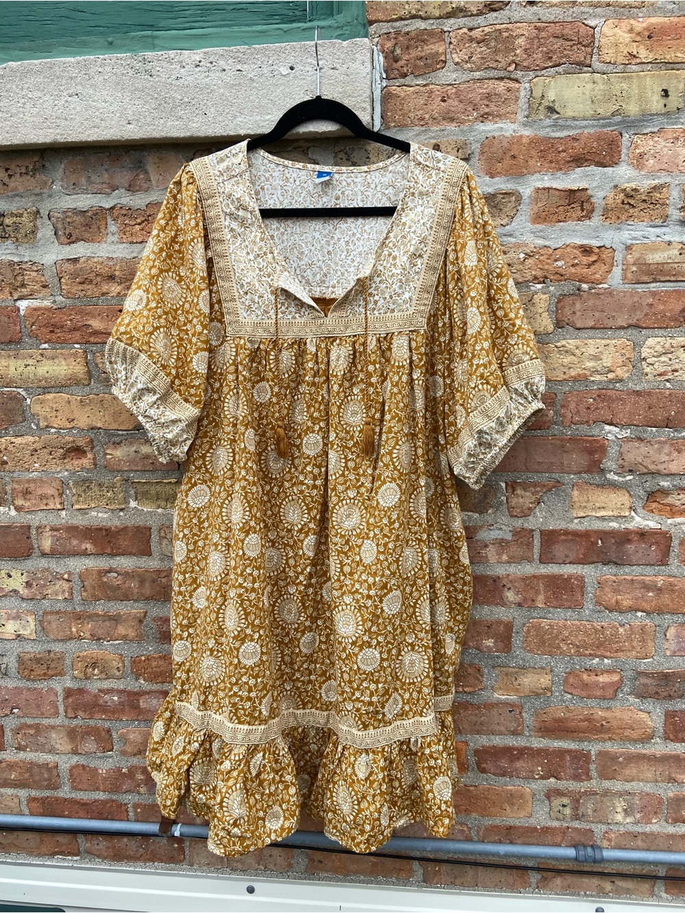 Old Navy 3X Mustard Floral Boho Block Print Tiered Dress Pockets